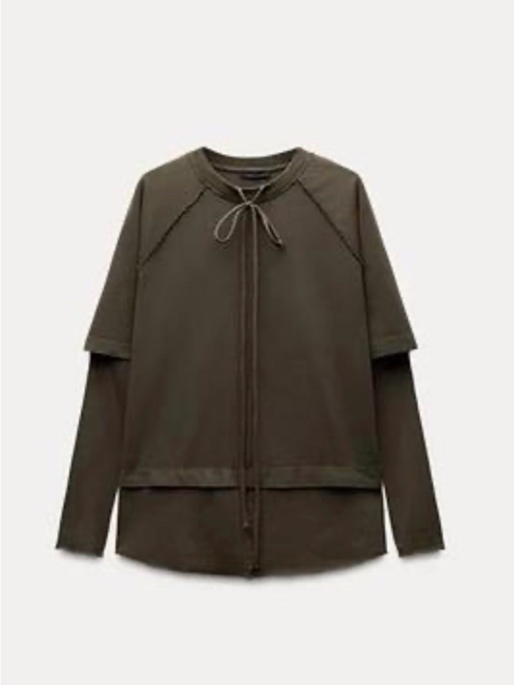 Zara Olive Layered Scoop-Neck Sweater with Front Tie